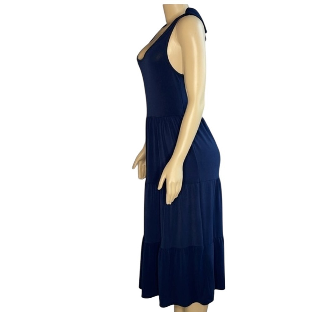 Green envelope shoulder tie bow sleeveless blue tiered drop dress size medium - Picture 3 of 9